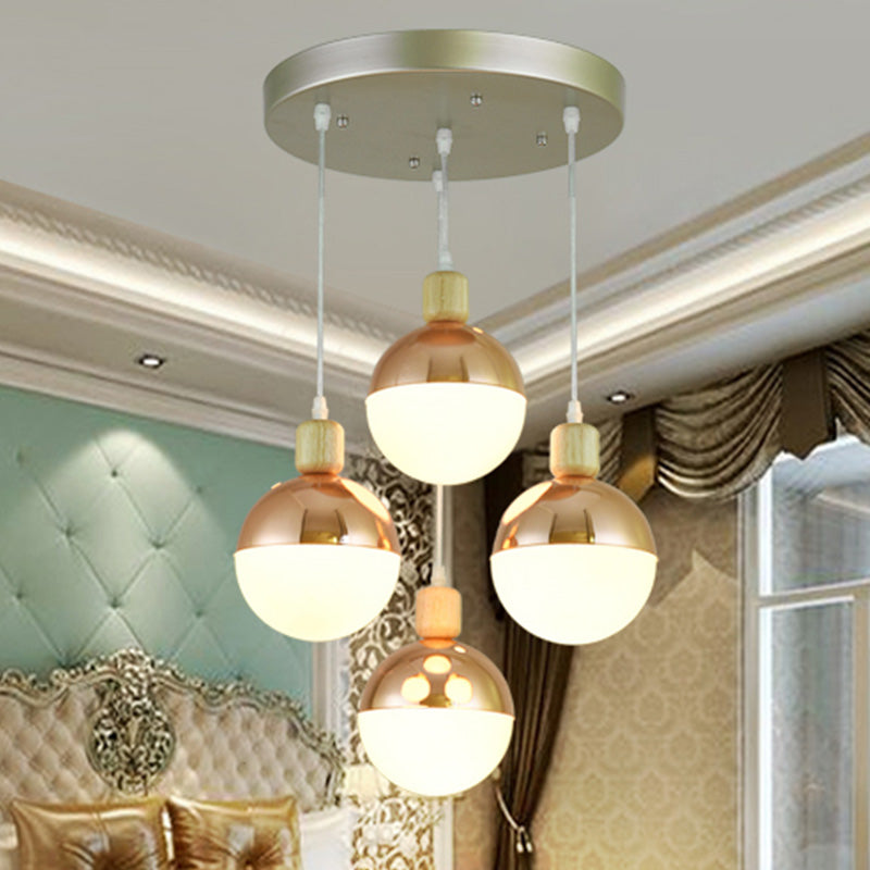 3/4 Heads Dining Room Multi-Pendant Modernist Rose Gold Hanging Ceiling Light with Orb Opal Glass Shade 4 Rose Gold Clearhalo 'Ceiling Lights' 'Glass shade' 'Glass' 'Modern Pendants' 'Modern' 'Pendant Lights' 'Pendants' Lighting' 737172