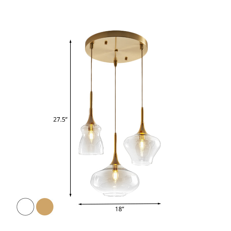 Clear/Cognac Glass Wavy Multi Ceiling Light Modernism 3 Bulbs Gold Hanging Pendant Lamp Clearhalo 'Ceiling Lights' 'Glass shade' 'Glass' 'Modern Pendants' 'Modern' 'Pendant Lights' 'Pendants' Lighting' 737180