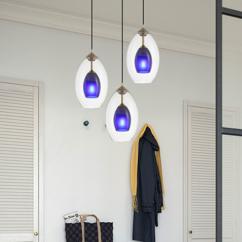 Oval Clear and Blue Multi Pendant Chandelier Simple 3-Light White Hanging Ceiling Lamp Blue Clearhalo 'Ceiling Lights' 'Glass shade' 'Glass' 'Modern Pendants' 'Modern' 'Pendant Lights' 'Pendants' Lighting' 737185