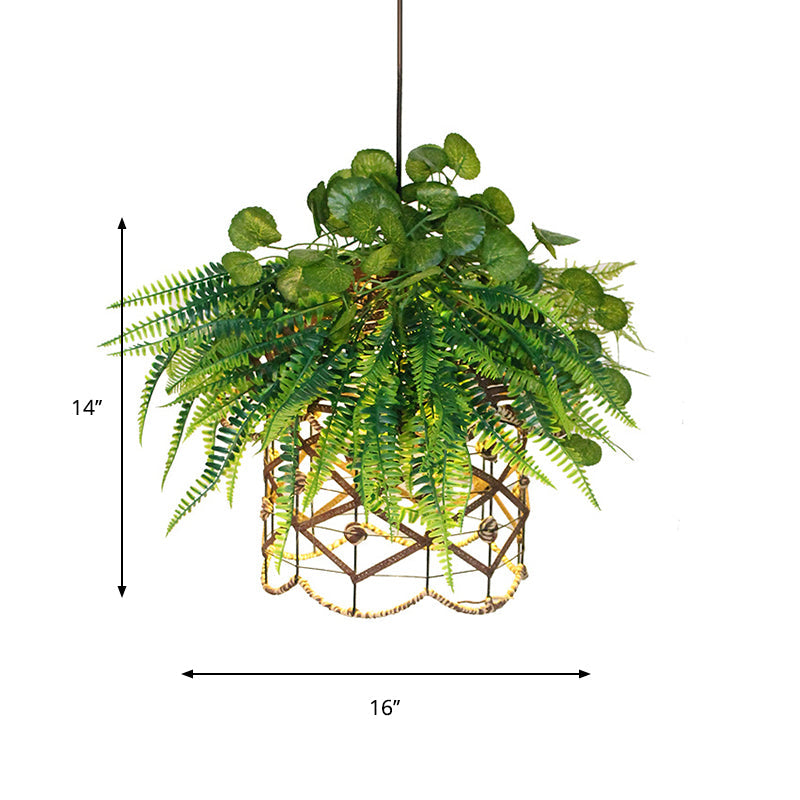 Retro Scalloped Cage Down Lighting 1 Light Iron Ceiling Suspension Lamp in Green with Plant Decoration Clearhalo 'Art Deco Pendants' 'Cast Iron' 'Ceiling Lights' 'Ceramic' 'Crystal' 'Industrial Pendants' 'Industrial' 'Metal' 'Middle Century Pendants' 'Pendant Lights' 'Pendants' 'Tiffany' Lighting' 737356