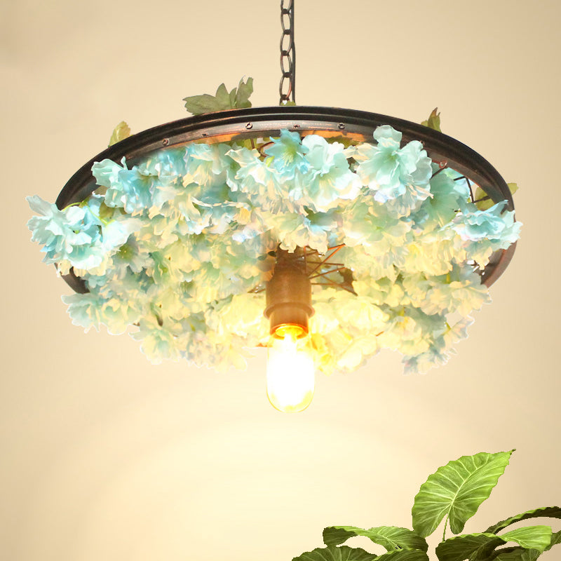 1 Head Iron Pendant Light Farmhouse Pink/Blue Flower Restaurant Hanging Lamp with Wagon Wheel Design, 8.5