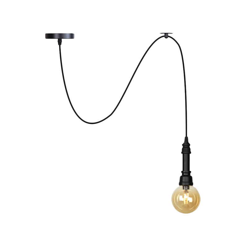 Sphere/Capsule Restaurant Swag Pendant Light Vintage Amber Glass 1-Head Black Pipe Hanging Lamp Fixture Clearhalo 'Ceiling Lights' 'Chandeliers' 'Glass shade' 'Glass' 'Industrial Pendants' 'Industrial' 'Middle Century Pendants' 'Pendant Lights' 'Pendants' 'Tiffany' Lighting' 737473