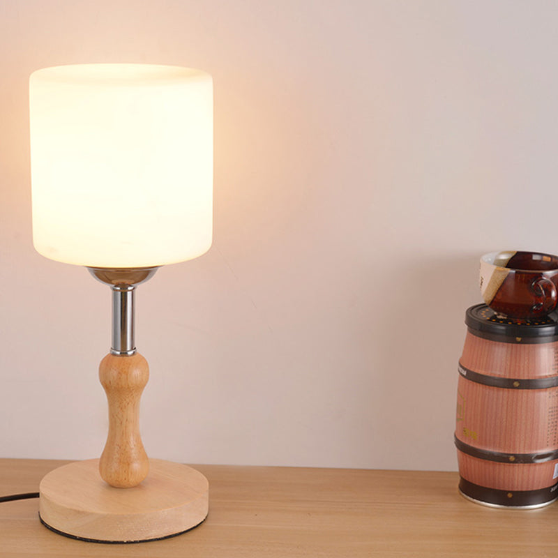 Globe/Cylinder/Square Night Table Light Modernist Frosted Glass 1 Light Wood Night Lamp for Bedside Wood Cylinder Clearhalo 'Lamps' 'Table Lamps' Lighting' 737554