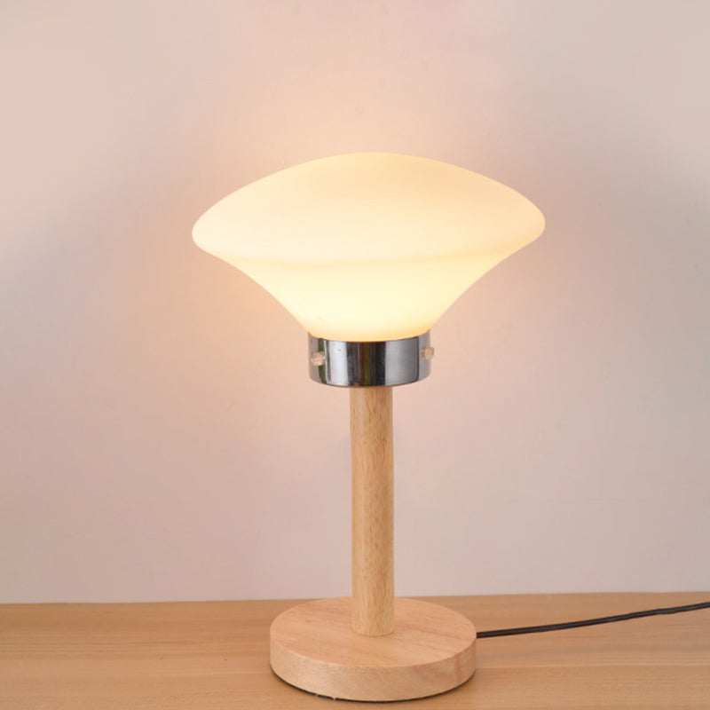 Globe/Cylinder/Square Night Table Light Modernist Frosted Glass 1 Light Wood Night Lamp for Bedside Wood Mushroom Clearhalo 'Lamps' 'Table Lamps' Lighting' 737559