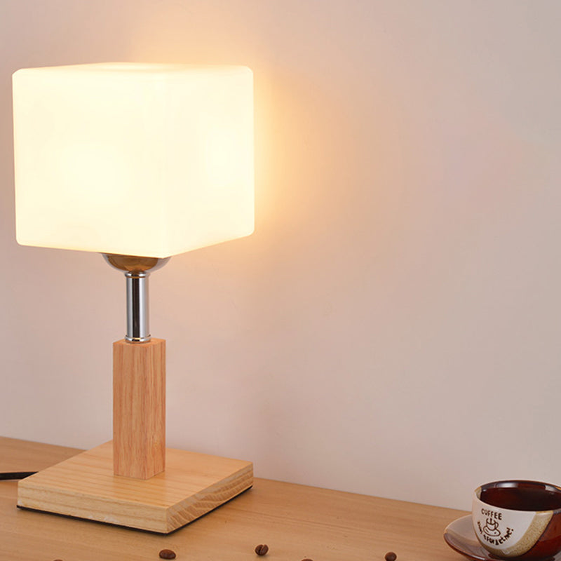 Globe/Cylinder/Square Night Table Light Modernist Frosted Glass 1 Light Wood Night Lamp for Bedside Wood Square Plate Clearhalo 'Lamps' 'Table Lamps' Lighting' 737564