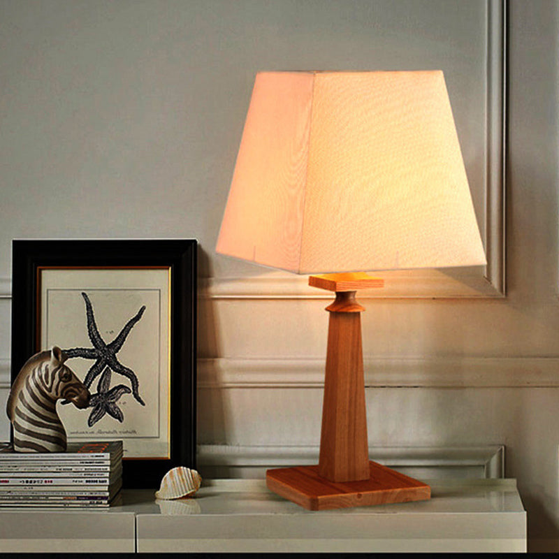 Modern Trapezoid Desk Light Fabric 1-Bulb Study Room Reading Lamp with Wood Base White Clearhalo 'Lamps' 'Table Lamps' Lighting' 737573