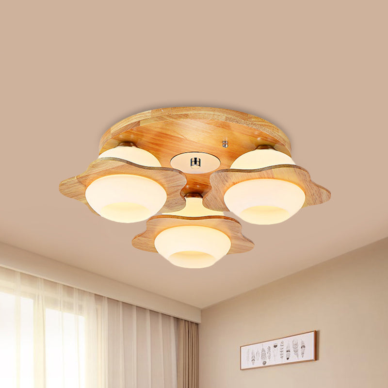Trapped Floral Wood Flush Mount Modernist 3/5 Lights Beige Flush Lamp Fixture with Ball Frosted Glass Shade 3 Wood Clearhalo 'Ceiling Lights' 'Close To Ceiling Lights' 'Close to ceiling' 'Flush mount' Lighting' 737628