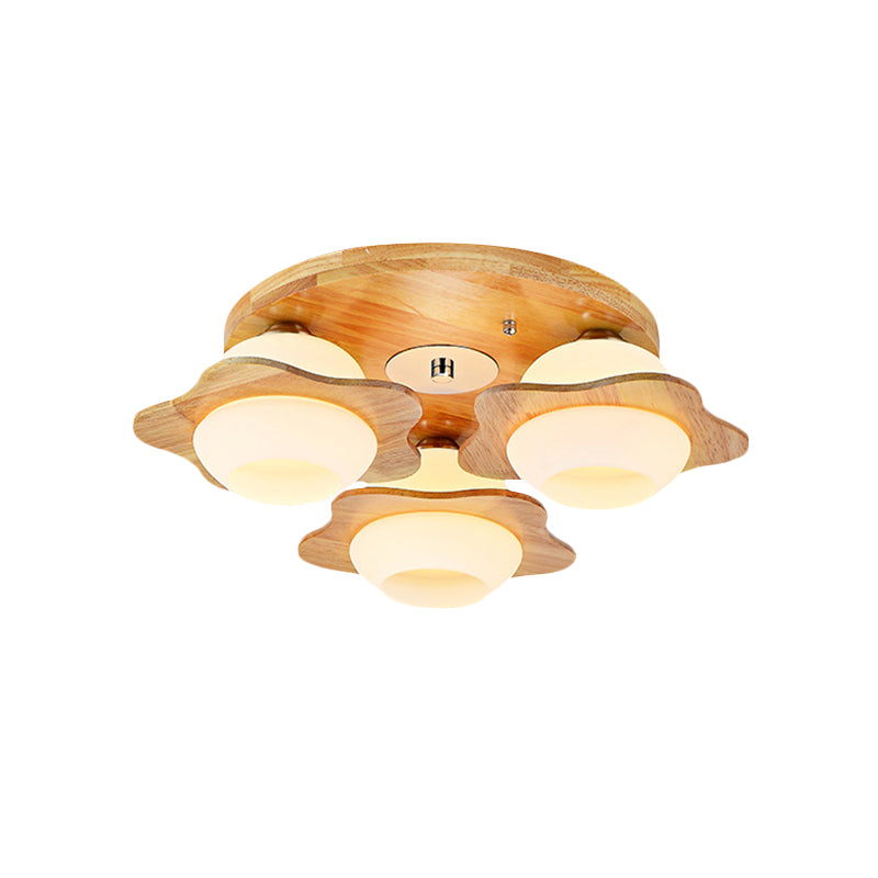 Trapped Floral Wood Flush Mount Modernist 3/5 Lights Beige Flush Lamp Fixture with Ball Frosted Glass Shade Clearhalo 'Ceiling Lights' 'Close To Ceiling Lights' 'Close to ceiling' 'Flush mount' Lighting' 737629