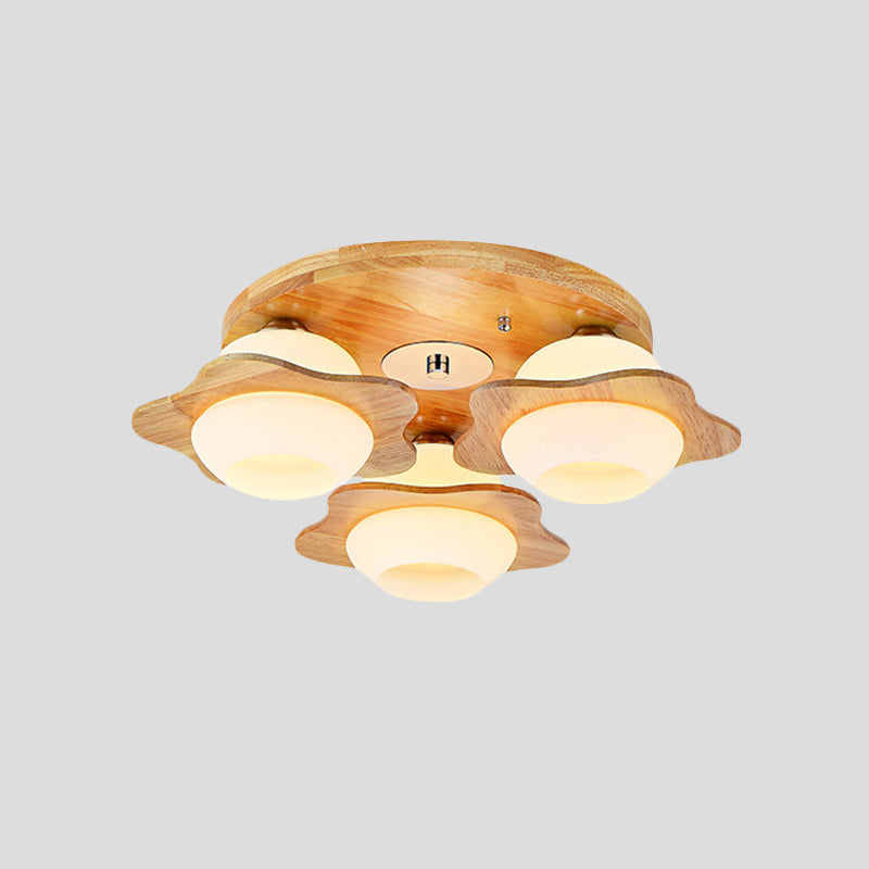 Trapped Floral Wood Flush Mount Modernist 3/5 Lights Beige Flush Lamp Fixture with Ball Frosted Glass Shade Clearhalo 'Ceiling Lights' 'Close To Ceiling Lights' 'Close to ceiling' 'Flush mount' Lighting' 737630