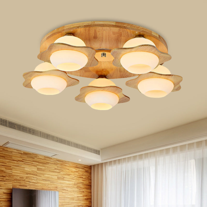Trapped Floral Wood Flush Mount Modernist 3/5 Lights Beige Flush Lamp Fixture with Ball Frosted Glass Shade 5 Wood Clearhalo 'Ceiling Lights' 'Close To Ceiling Lights' 'Close to ceiling' 'Flush mount' Lighting' 737632