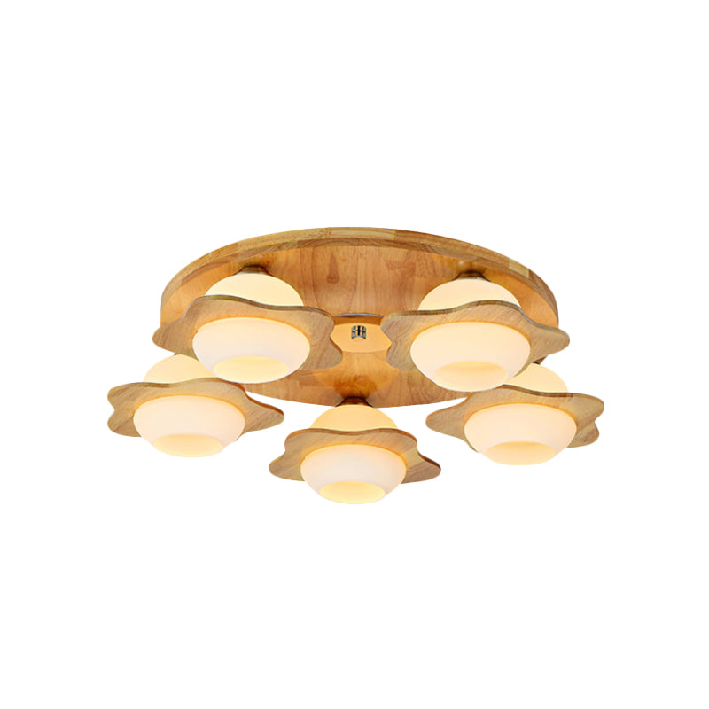 Trapped Floral Wood Flush Mount Modernist 3/5 Lights Beige Flush Lamp Fixture with Ball Frosted Glass Shade Clearhalo 'Ceiling Lights' 'Close To Ceiling Lights' 'Close to ceiling' 'Flush mount' Lighting' 737634