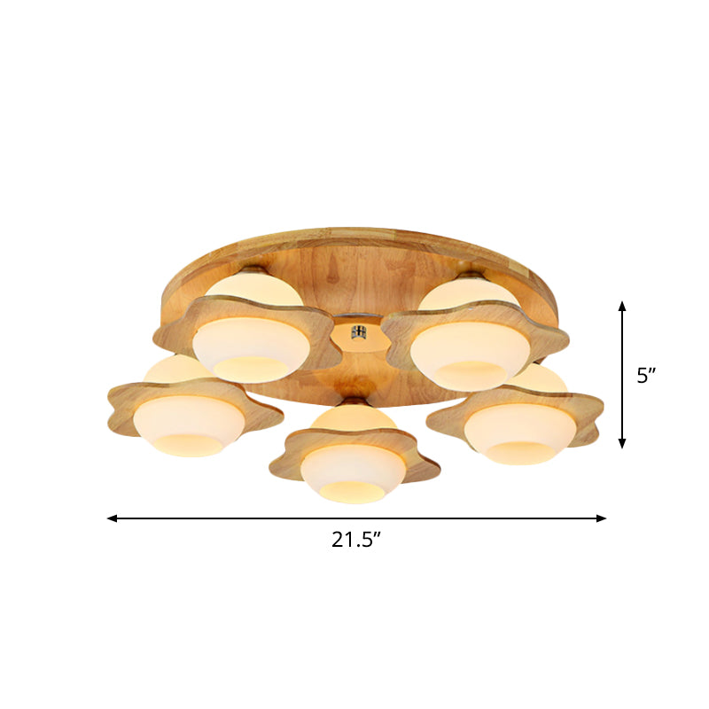 Trapped Floral Wood Flush Mount Modernist 3/5 Lights Beige Flush Lamp Fixture with Ball Frosted Glass Shade Clearhalo 'Ceiling Lights' 'Close To Ceiling Lights' 'Close to ceiling' 'Flush mount' Lighting' 737636