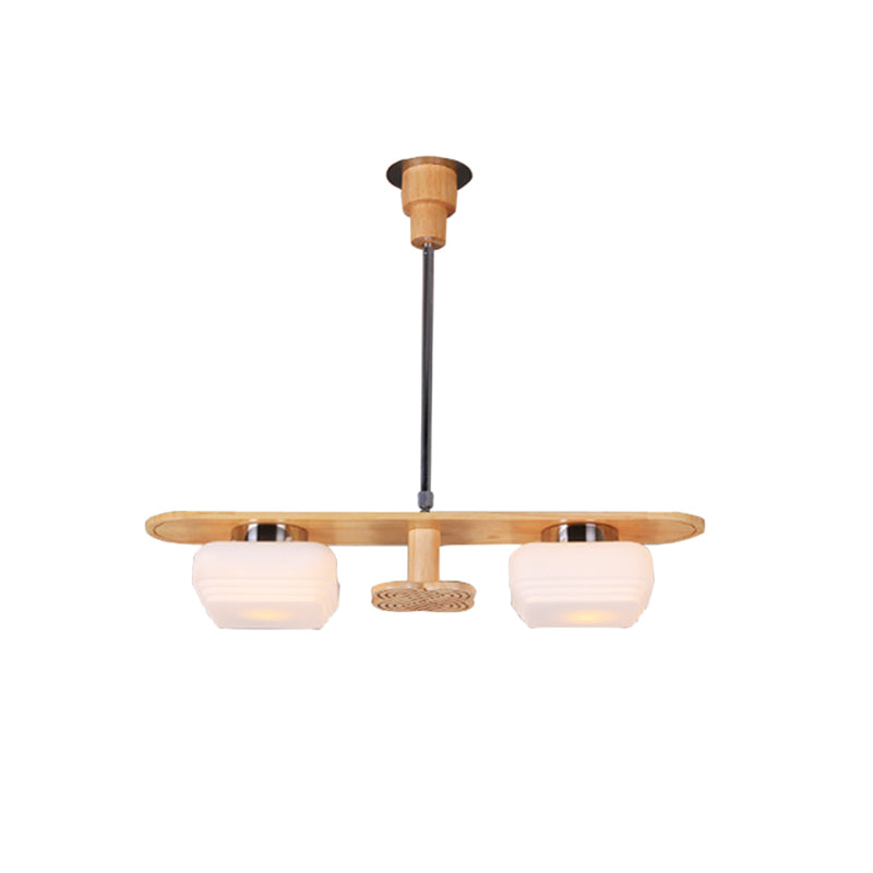 Rectangle Pendant Chandelier Modernist Wood 2 Lights Dining Room Ceiling Hang Fixture with Square Cream Glass Shade Clearhalo 'Carpenter Chandeliers' 'Ceiling Lights' 'Chandeliers' 'Industrial' 'Modern Chandeliers' 'Modern' Lighting' 737689