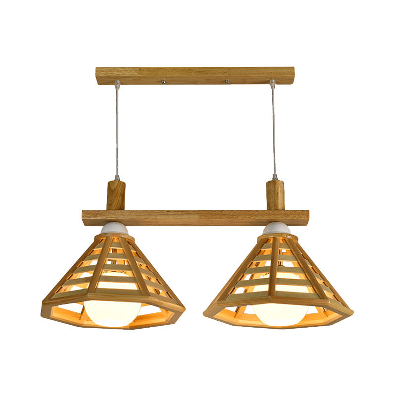 Modernist 2 Bulbs Multiple Hanging Light Beige Polygon Cage Drop Pendant Lamp with Wood Shade Clearhalo 'Ceiling Lights' 'Modern Pendants' 'Modern' 'Pendant Lights' 'Pendants' Lighting' 737693