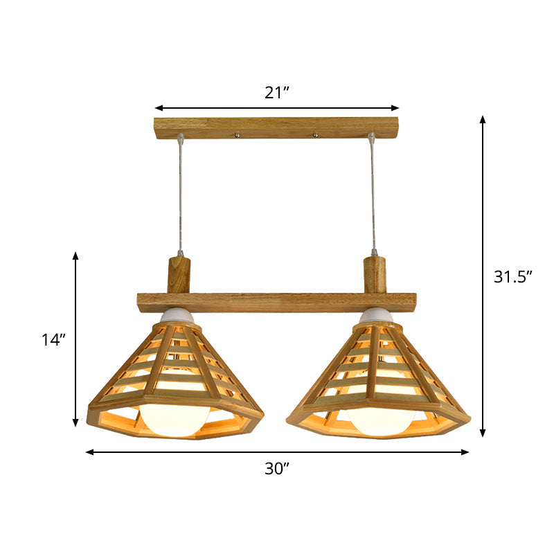 Modernist 2 Bulbs Multiple Hanging Light Beige Polygon Cage Drop Pendant Lamp with Wood Shade Clearhalo 'Ceiling Lights' 'Modern Pendants' 'Modern' 'Pendant Lights' 'Pendants' Lighting' 737695