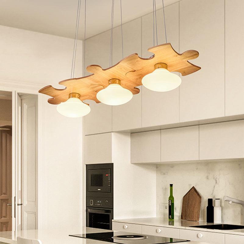 Cream Glass Jellyfish Multi Light Pendant Modernist 3-Light Suspension Lamp with Jigsaw Puzzle Wood Beam Wood Clearhalo 'Ceiling Lights' 'Pendant Lights' 'Pendants' Lighting' 737700_1465200e-a1b3-41ad-b6b9-06315e8d1ae4