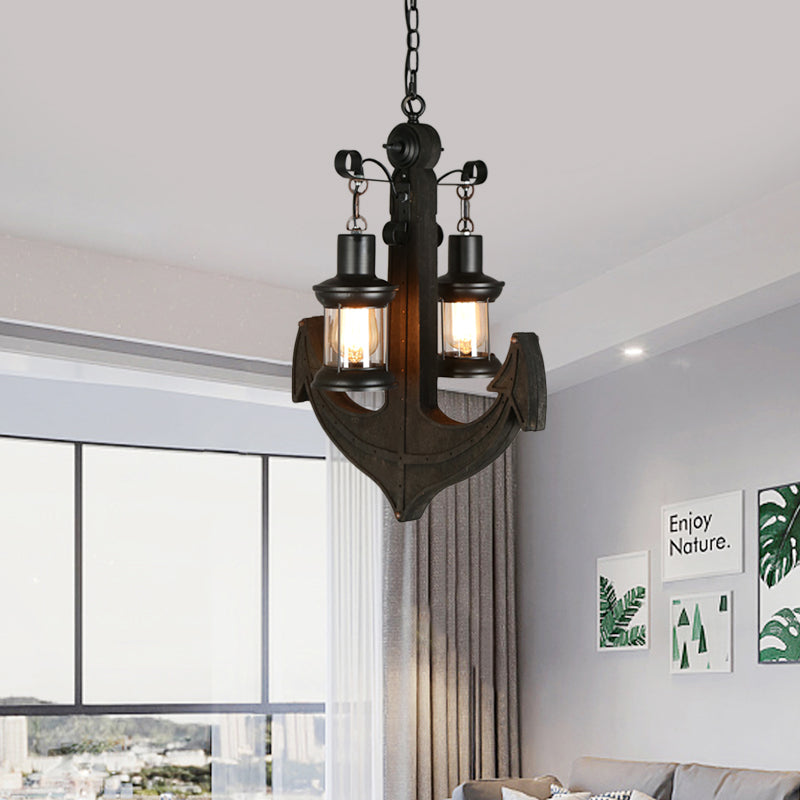 Clear Glass Black Chandelier Lighting Kerosene 2-Light Industrial Hanging Ceiling Light with Wood Anchor Design Clearhalo 'Cast Iron' 'Ceiling Lights' 'Chandeliers' 'Industrial Chandeliers' 'Industrial' 'Metal' 'Middle Century Chandeliers' 'Rustic Chandeliers' 'Tiffany' Lighting' 737713