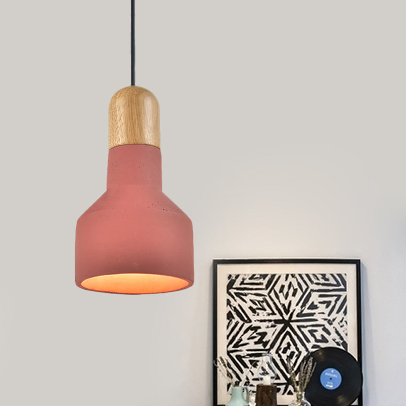 1-Bulb Jar Shape Pendant Light Kit Industrial Grey/Red/Blue Cement Hanging Ceiling Lamp with Wood Top Red Clearhalo 'Ceiling Lights' 'Industrial Pendants' 'Industrial' 'Middle Century Pendants' 'Pendant Lights' 'Pendants' 'Tiffany' Lighting' 737971