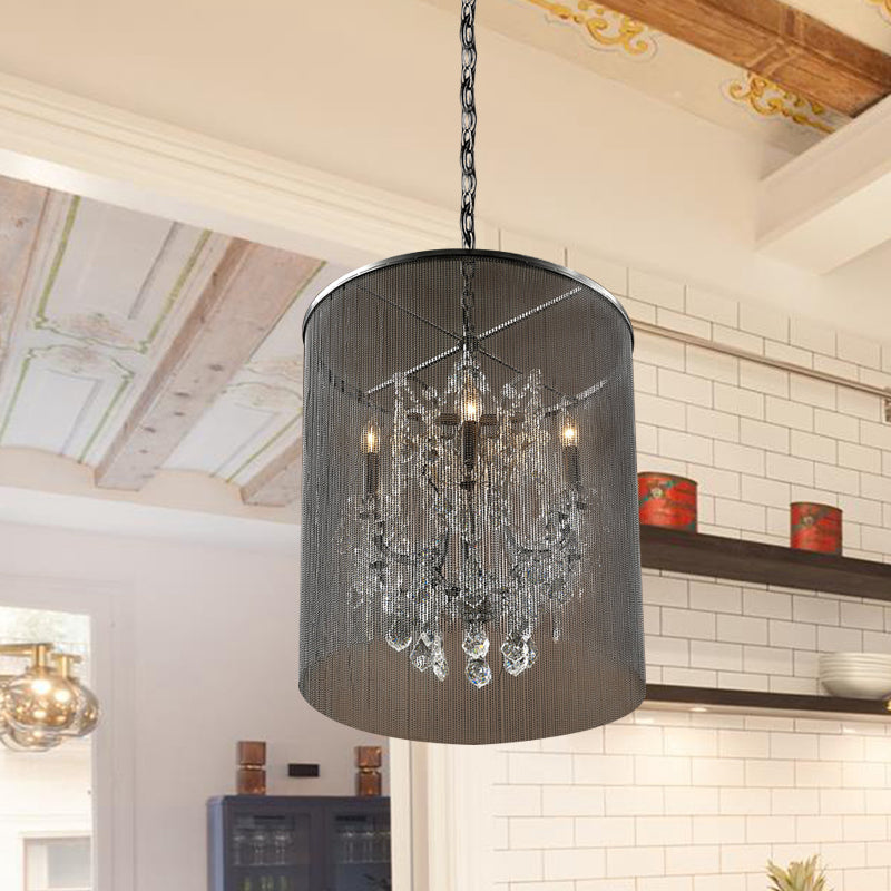 Tassels Metal Pendant Lighting Industrial 6 Bulbs Restaurant Ceiling Chandelier in Black with Crystal Accent Clearhalo 'Ceiling Lights' 'Chandeliers' 'Industrial Chandeliers' 'Industrial' 'Middle Century Chandeliers' 'Tiffany' Lighting' 737992