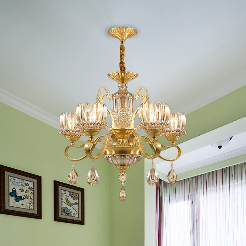 Traditional Lotus Hanging Chandelier 3/5-Light Clear Crystal Glass Ceiling Pendant Lamp in Brass Clearhalo 'Ceiling Lights' 'Chandeliers' Lighting' options 738001