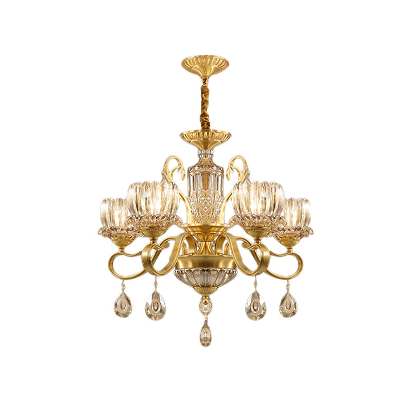 Traditional Lotus Hanging Chandelier 3/5-Light Clear Crystal Glass Ceiling Pendant Lamp in Brass Clearhalo 'Ceiling Lights' 'Chandeliers' Lighting' options 738003