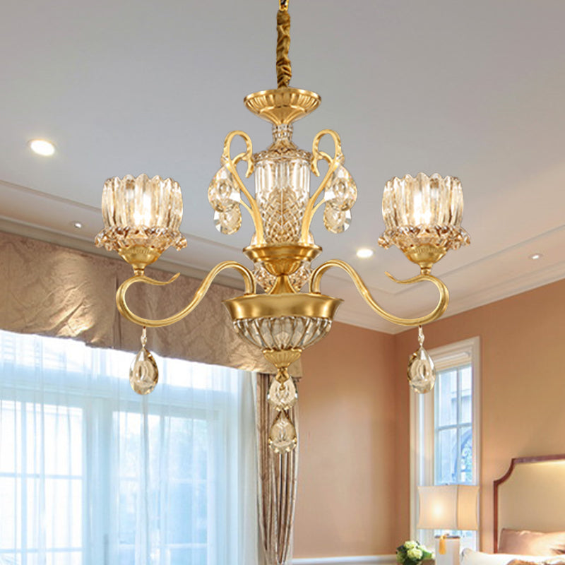 Traditional Lotus Hanging Chandelier 3/5-Light Clear Crystal Glass Ceiling Pendant Lamp in Brass Clearhalo 'Ceiling Lights' 'Chandeliers' Lighting' options 738005