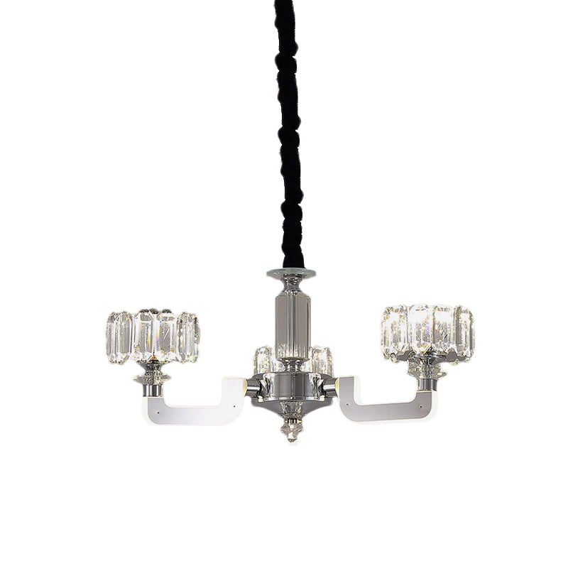 Chrome 3/6-Head Chandelier Lighting Traditional Crystal Block Drum Ceiling Suspension Lamp Clearhalo 'Ceiling Lights' 'Chandeliers' 'Clear' 'Industrial' 'Modern Chandeliers' 'Modern' 'Tiffany' 'Traditional Chandeliers' Lighting' 738119