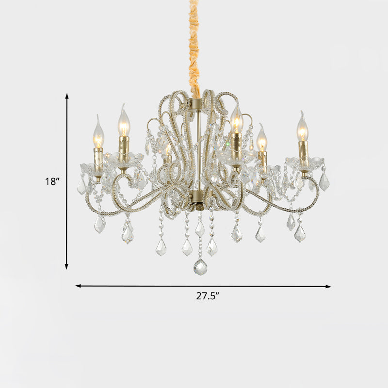 Traditionalism Candelabra Chandelier 6-Bulb Clear Crystal Hanging Light Fixture with Metal Scrolled Arm Clearhalo 'Ceiling Lights' 'Chandeliers' Lighting' options 738211