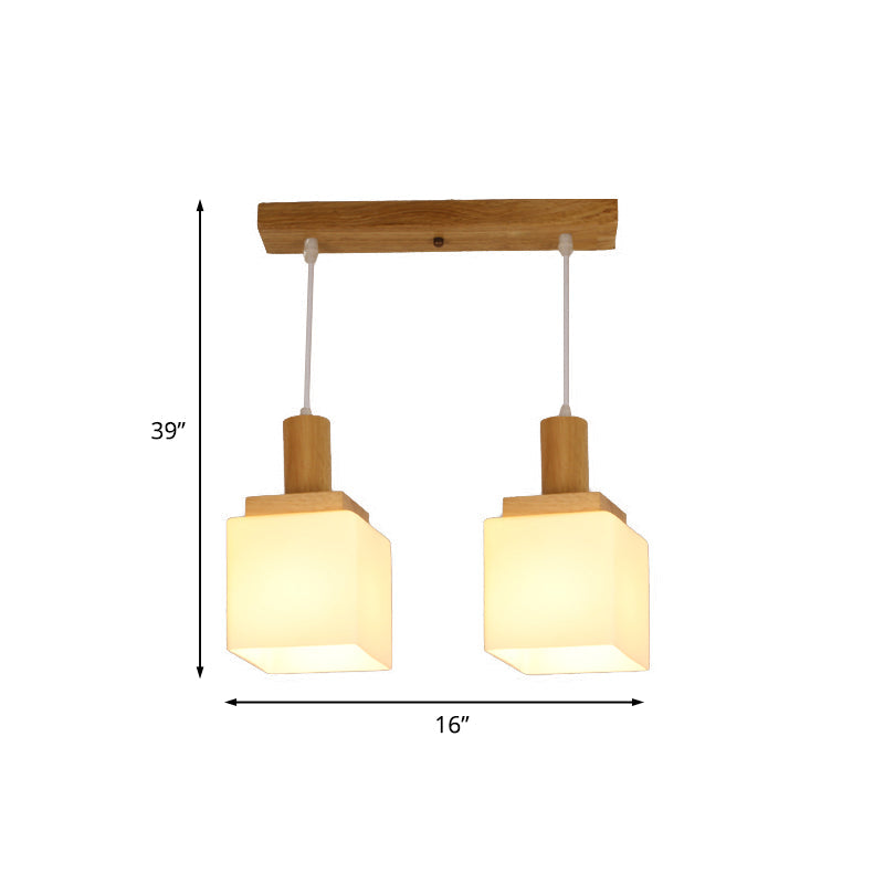 Wood Cube Multiple Hanging Light Modern 2/3 Heads Opal Glass Pendant Lamp Fixture with Linear Canopy Clearhalo 'Ceiling Lights' 'Glass shade' 'Glass' 'Modern Pendants' 'Modern' 'Pendant Lights' 'Pendants' Lighting' 738236