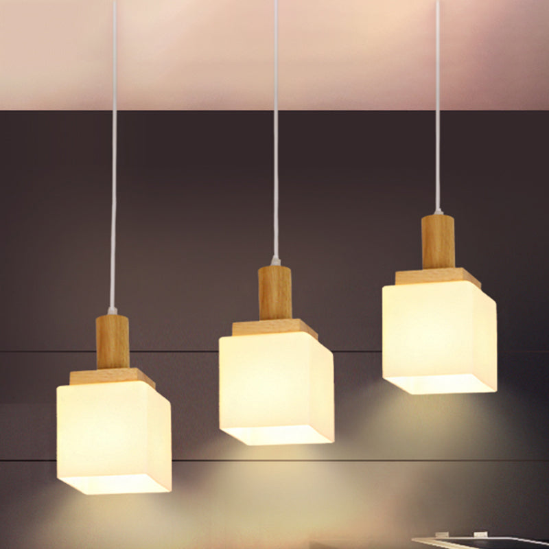 Wood Cube Multiple Hanging Light Modern 2/3 Heads Opal Glass Pendant Lamp Fixture with Linear Canopy 3 Wood Clearhalo 'Ceiling Lights' 'Glass shade' 'Glass' 'Modern Pendants' 'Modern' 'Pendant Lights' 'Pendants' Lighting' 738237