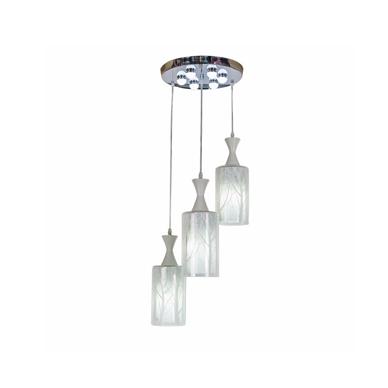 3 Heads Dining Room Multi Ceiling Light Contemporary White Pendant Lamp with Cylinder Patterned Glass Shade Clearhalo 'Ceiling Lights' 'Glass shade' 'Glass' 'Modern Pendants' 'Modern' 'Pendant Lights' 'Pendants' Lighting' 738277