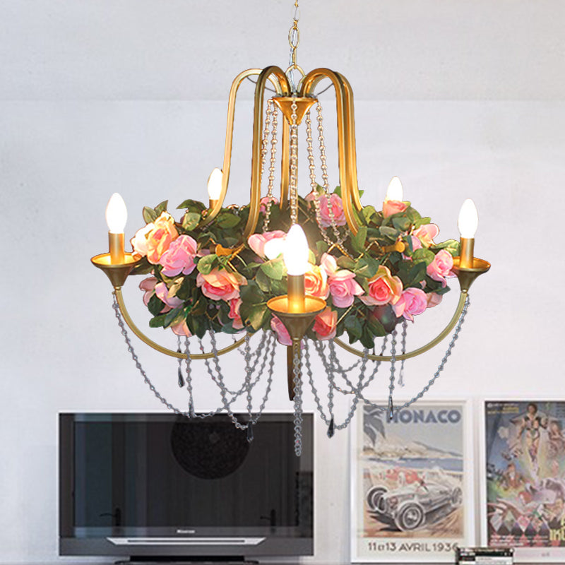 5 Heads Iron Chandelier Lighting Antique Gold Candlestick Restaurant Flower Ceiling Lamp with Crystal Strand Gold A Clearhalo 'Cast Iron' 'Ceiling Lights' 'Chandeliers' 'Industrial Chandeliers' 'Industrial' 'Metal' 'Middle Century Chandeliers' 'Rustic Chandeliers' 'Tiffany' Lighting' 738576