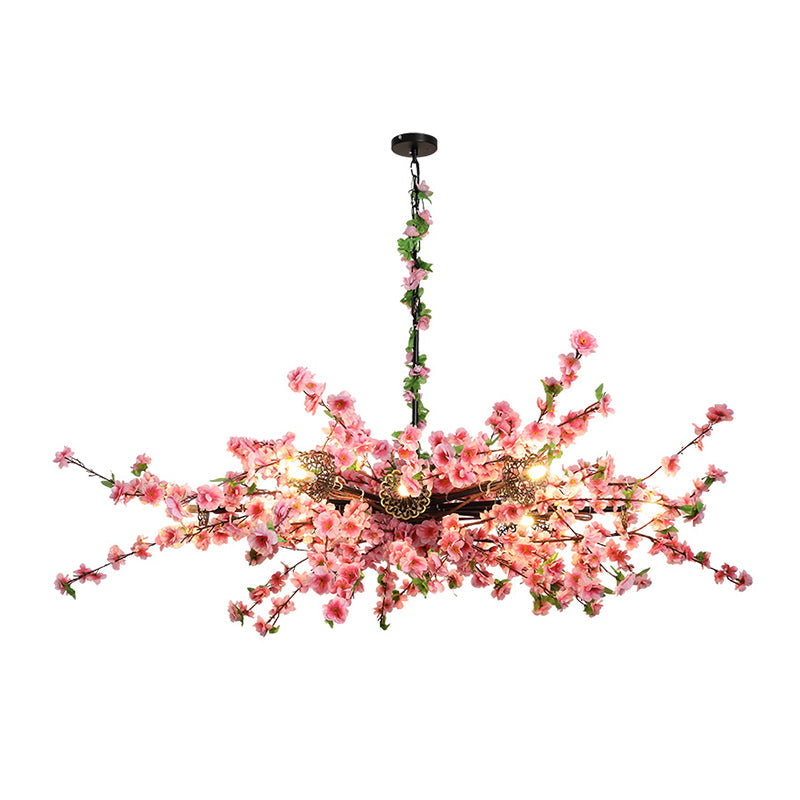 Vintage Sputnik Chandelier Lighting 12 Lights Iron LED Hanging Light Fixture in Pink with Flower Decor Clearhalo 'Cast Iron' 'Ceiling Lights' 'Chandeliers' 'Industrial Chandeliers' 'Industrial' 'Metal' 'Middle Century Chandeliers' 'Rustic Chandeliers' 'Tiffany' Lighting' 738691