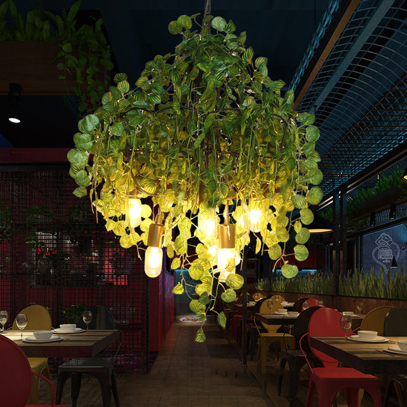 Green Exposed Bulb Ceiling Chandelier Loft Iron 6 Heads Restaurant Drop Pendant with Plant Decor Green Clearhalo 'Cast Iron' 'Ceiling Lights' 'Chandeliers' 'Industrial Chandeliers' 'Industrial' 'Metal' 'Middle Century Chandeliers' 'Rustic Chandeliers' 'Tiffany' Lighting' 738729