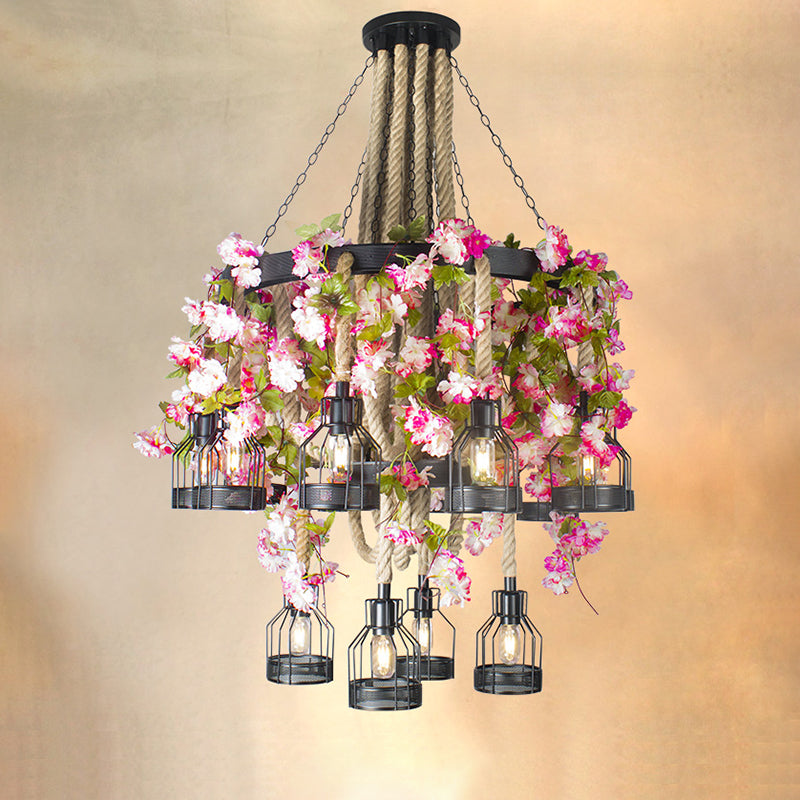 Black 6/12 Heads Chandelier Lighting Vintage Rope Wire Cage Drop Pendant with Floral Decoration Clearhalo 'Ceiling Lights' 'Chandeliers' 'Industrial Chandeliers' 'Industrial' 'Middle Century Chandeliers' 'Tiffany' Lighting' 738740