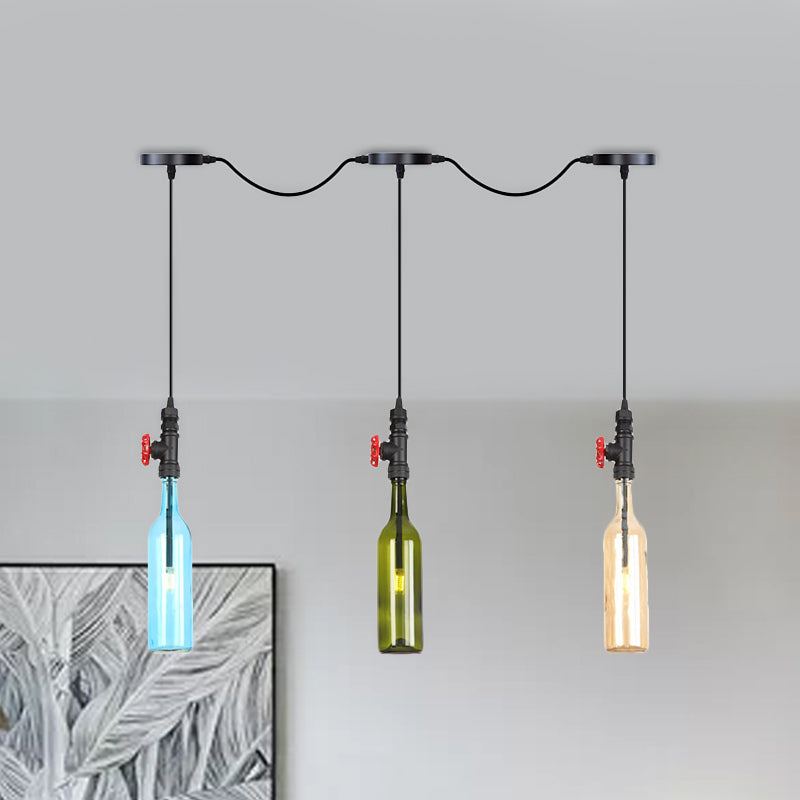 Black Finish 3/5/7 Bulbs Multi Ceiling Light Industrial Colored Glass Bottle LED Tandem Pendulum Lamp 3 Black Clearhalo 'Ceiling Lights' 'Glass shade' 'Glass' 'Industrial Pendants' 'Industrial' 'Middle Century Pendants' 'Pendant Lights' 'Pendants' 'Tiffany' Lighting' 738844