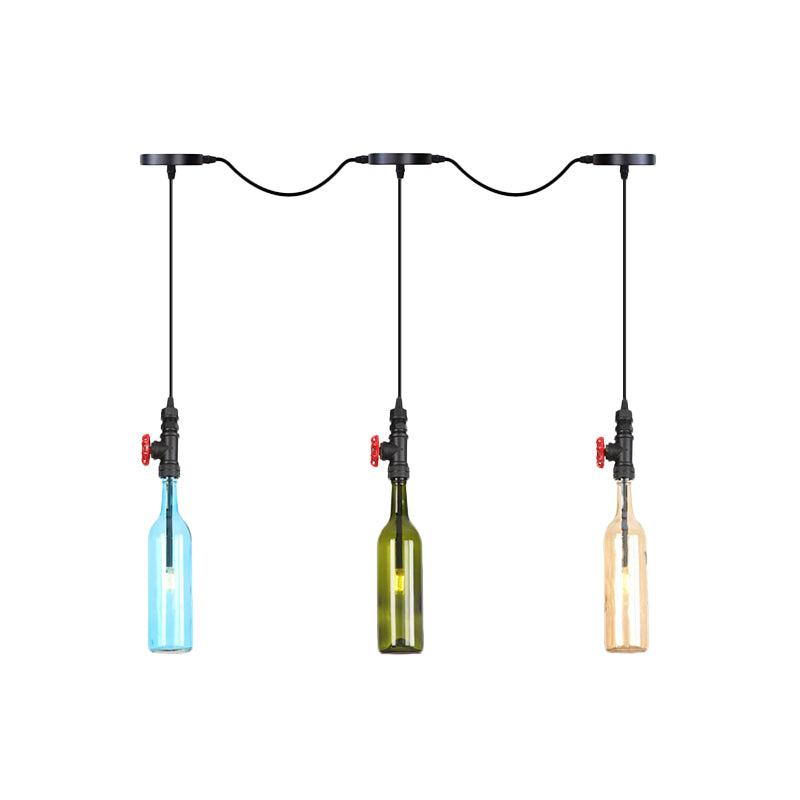 Black Finish 3/5/7 Bulbs Multi Ceiling Light Industrial Colored Glass Bottle LED Tandem Pendulum Lamp Clearhalo 'Ceiling Lights' 'Glass shade' 'Glass' 'Industrial Pendants' 'Industrial' 'Middle Century Pendants' 'Pendant Lights' 'Pendants' 'Tiffany' Lighting' 738845