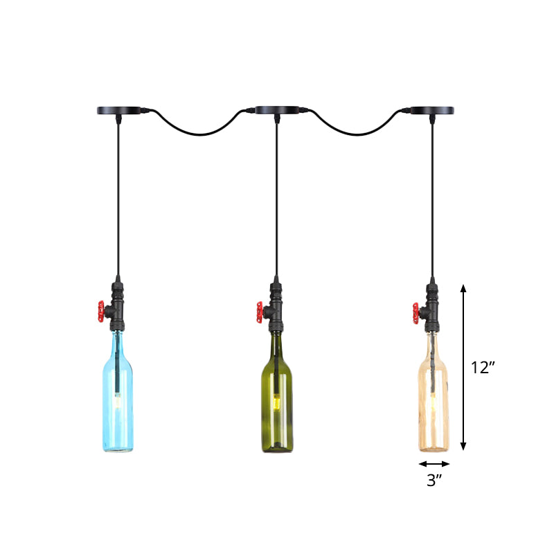 Black Finish 3/5/7 Bulbs Multi Ceiling Light Industrial Colored Glass Bottle LED Tandem Pendulum Lamp Clearhalo 'Ceiling Lights' 'Glass shade' 'Glass' 'Industrial Pendants' 'Industrial' 'Middle Century Pendants' 'Pendant Lights' 'Pendants' 'Tiffany' Lighting' 738847