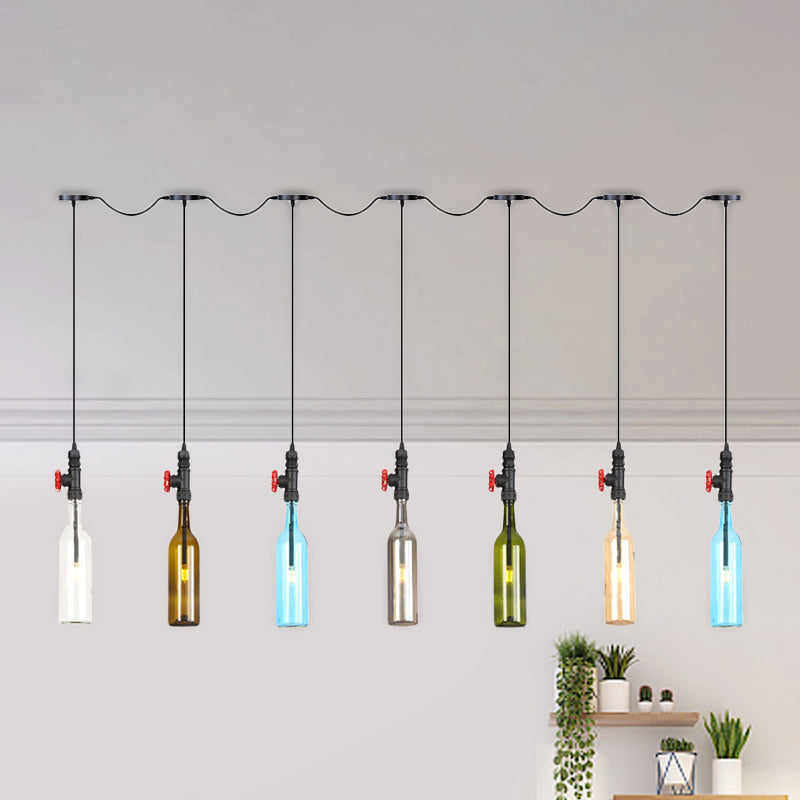 Black Finish 3/5/7 Bulbs Multi Ceiling Light Industrial Colored Glass Bottle LED Tandem Pendulum Lamp 7 Black Clearhalo 'Ceiling Lights' 'Glass shade' 'Glass' 'Industrial Pendants' 'Industrial' 'Middle Century Pendants' 'Pendant Lights' 'Pendants' 'Tiffany' Lighting' 738853