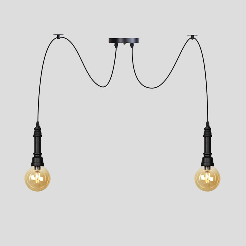 2/3/6 Heads Amber Glass Multi Light Chandelier Vintage Black Finish Global Restaurant Swag LED Hanging Pendant Lamp Clearhalo 'Ceiling Lights' 'Glass shade' 'Glass' 'Industrial Pendants' 'Industrial' 'Middle Century Pendants' 'Pendant Lights' 'Pendants' 'Tiffany' Lighting' 738860