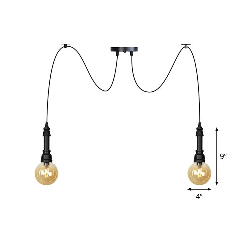 2/3/6 Heads Amber Glass Multi Light Chandelier Vintage Black Finish Global Restaurant Swag LED Hanging Pendant Lamp Clearhalo 'Ceiling Lights' 'Glass shade' 'Glass' 'Industrial Pendants' 'Industrial' 'Middle Century Pendants' 'Pendant Lights' 'Pendants' 'Tiffany' Lighting' 738861