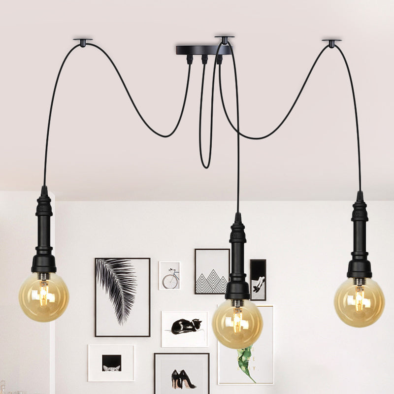 2/3/6 Heads Amber Glass Multi Light Chandelier Vintage Black Finish Global Restaurant Swag LED Hanging Pendant Lamp 3 Black Clearhalo 'Ceiling Lights' 'Glass shade' 'Glass' 'Industrial Pendants' 'Industrial' 'Middle Century Pendants' 'Pendant Lights' 'Pendants' 'Tiffany' Lighting' 738862