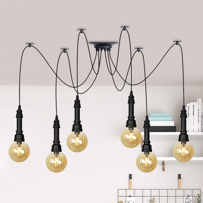 2/3/6 Heads Amber Glass Multi Light Chandelier Vintage Black Finish Global Restaurant Swag LED Hanging Pendant Lamp 6 Black Clearhalo 'Ceiling Lights' 'Glass shade' 'Glass' 'Industrial Pendants' 'Industrial' 'Middle Century Pendants' 'Pendant Lights' 'Pendants' 'Tiffany' Lighting' 738867