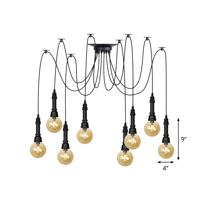 2/3/6 Heads Amber Glass Multi Light Chandelier Vintage Black Finish Global Restaurant Swag LED Hanging Pendant Lamp Clearhalo 'Ceiling Lights' 'Glass shade' 'Glass' 'Industrial Pendants' 'Industrial' 'Middle Century Pendants' 'Pendant Lights' 'Pendants' 'Tiffany' Lighting' 738876