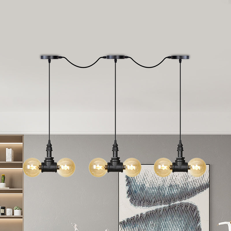 Black 6/10/14 Heads Multi Light Pendant Vintage Amber Glass Ball Tandem LED Suspension Lamp 6 Black Clearhalo 'Ceiling Lights' 'Close To Ceiling Lights' 'Glass shade' 'Glass' 'Industrial Pendants' 'Industrial' 'Middle Century Pendants' 'Pendant Lights' 'Pendants' 'Tiffany' Lighting' 738953