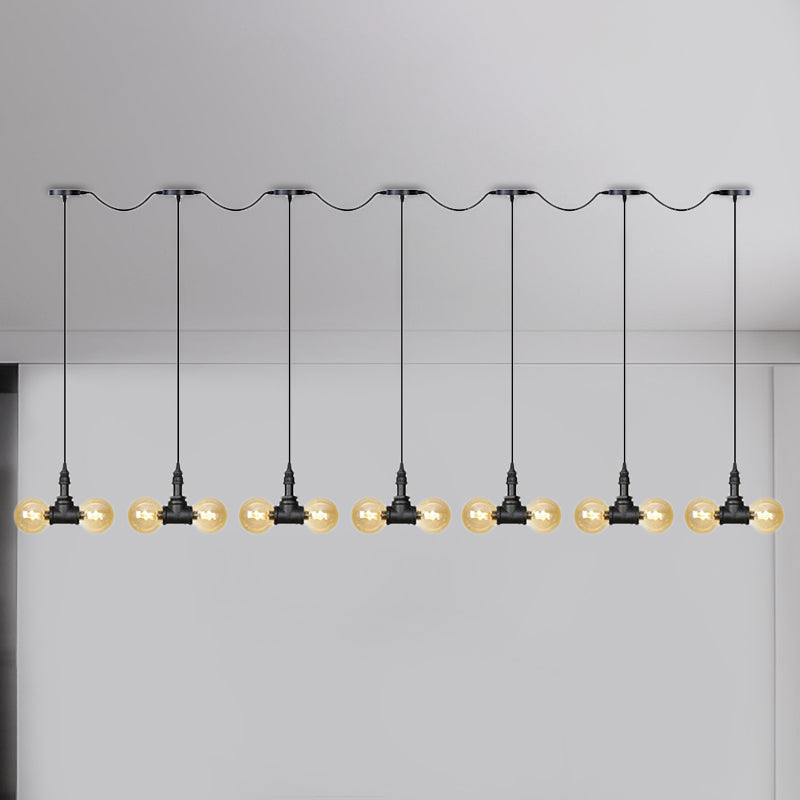 Black 6/10/14 Heads Multi Light Pendant Vintage Amber Glass Ball Tandem LED Suspension Lamp 14 Black Clearhalo 'Ceiling Lights' 'Close To Ceiling Lights' 'Glass shade' 'Glass' 'Industrial Pendants' 'Industrial' 'Middle Century Pendants' 'Pendant Lights' 'Pendants' 'Tiffany' Lighting' 738962