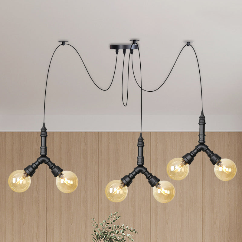 Amber Glass Globe Swag Multi Ceiling Light Industrial 4/6/12 Lights Restaurant LED Pendulum Lamp in Black 6 Black Clearhalo 'Ceiling Lights' 'Glass shade' 'Glass' 'Industrial Pendants' 'Industrial' 'Middle Century Pendants' 'Pendant Lights' 'Pendants' 'Tiffany' Lighting' 738971