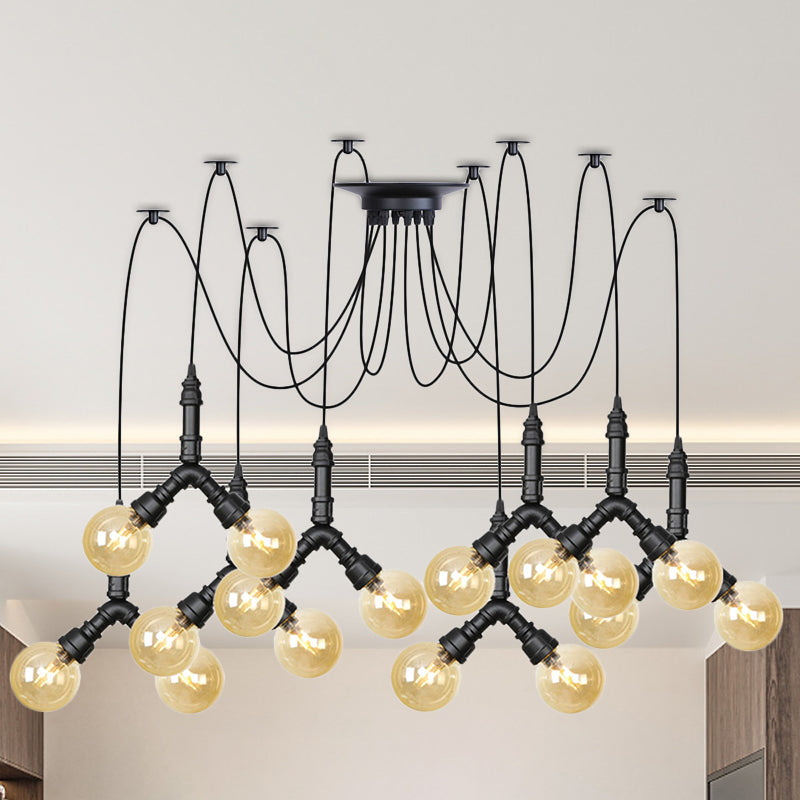 Amber Glass Globe Swag Multi Ceiling Light Industrial 4/6/12 Lights Restaurant LED Pendulum Lamp in Black 16 Black Clearhalo 'Ceiling Lights' 'Glass shade' 'Glass' 'Industrial Pendants' 'Industrial' 'Middle Century Pendants' 'Pendant Lights' 'Pendants' 'Tiffany' Lighting' 738981