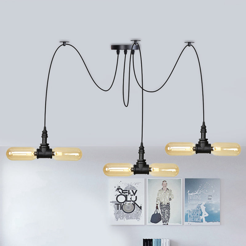 4/6/12-Bulb Amber Glass LED Pendant Vintage Black Capsule Restaurant Swag LED Multi Ceiling Lamp 6 Black Clearhalo 'Ceiling Lights' 'Glass shade' 'Glass' 'Industrial Pendants' 'Industrial' 'Middle Century Pendants' 'Pendant Lights' 'Pendants' 'Tiffany' Lighting' 739070