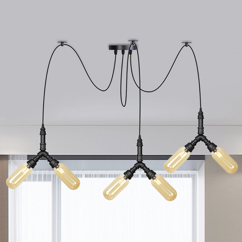 Industrial Capsule Multiple Hanging Light 4/6/12-Head Amber Glass Swag LED Ceiling Lamp in Black 6 Black Clearhalo 'Ceiling Lights' 'Glass shade' 'Glass' 'Industrial Pendants' 'Industrial' 'Middle Century Pendants' 'Pendant Lights' 'Pendants' 'Tiffany' Lighting' 739103